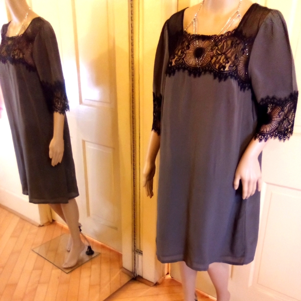 Lil Midi Dress. %100 Silk % 100Nylon slip w/Lace SZ 12 Grey/Black